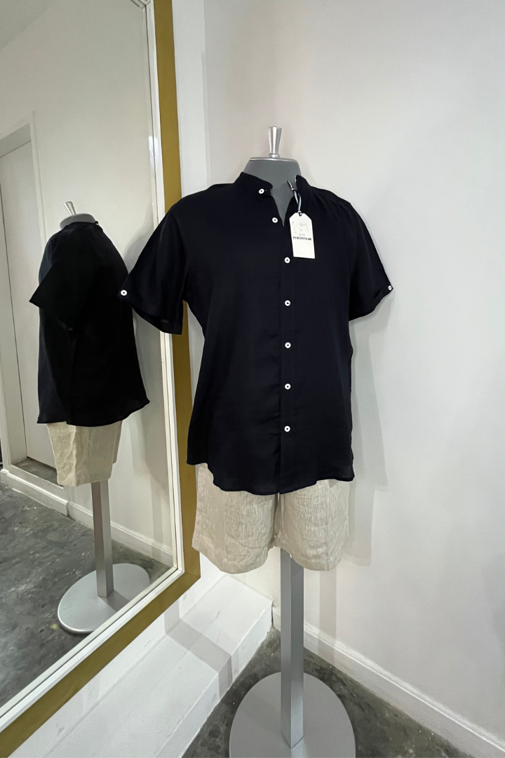 Camisa de Lino Manga Corta Cuello Mao Navy