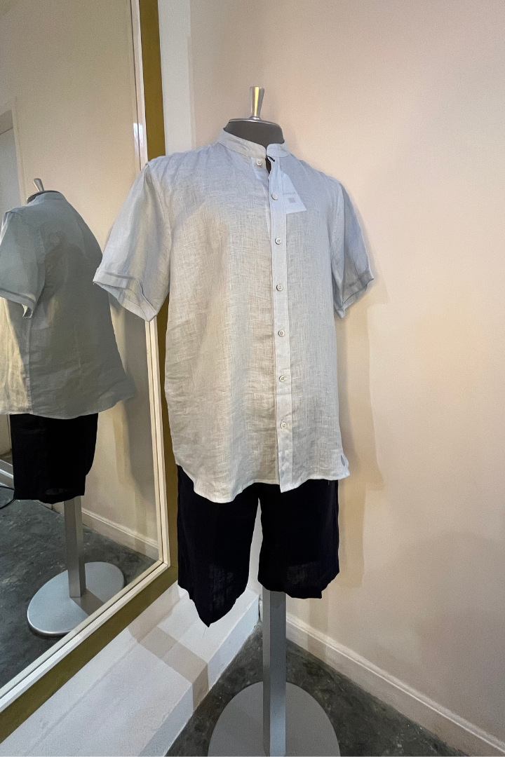 Camisa de Lino Manga Corta Cuello Mao Baby Blue