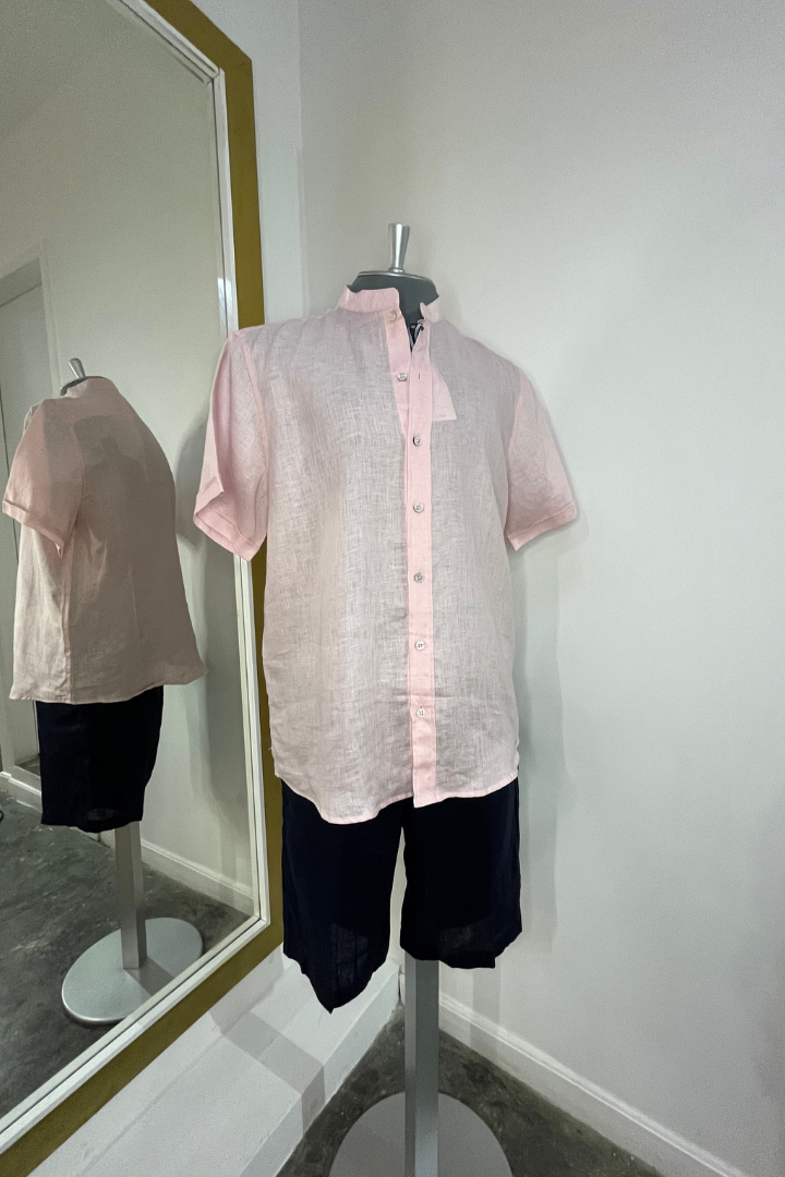 Camisa de Lino Manga Corta Cuello Mao Rosado