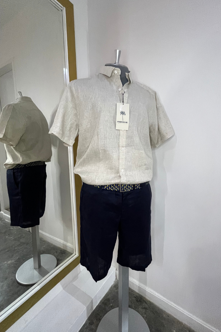 Camisa de Lino Manga Corta Cuello Clásico Beige