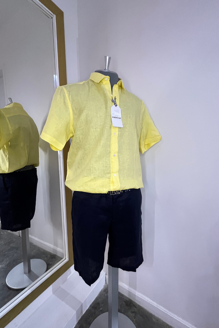 Camisa de Lino Manga Corta Cuello Clásico Amarilla