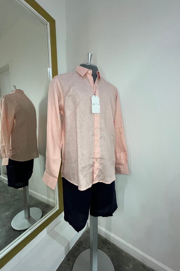 Camisa de Lino Manga Larga Cuello Clasico Coral