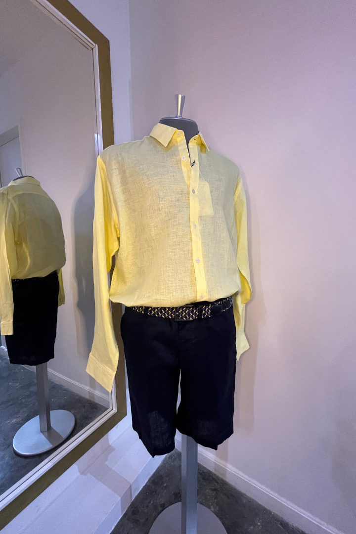 Camisa de Lino Manga Larga Cuello Clasico Amarilla