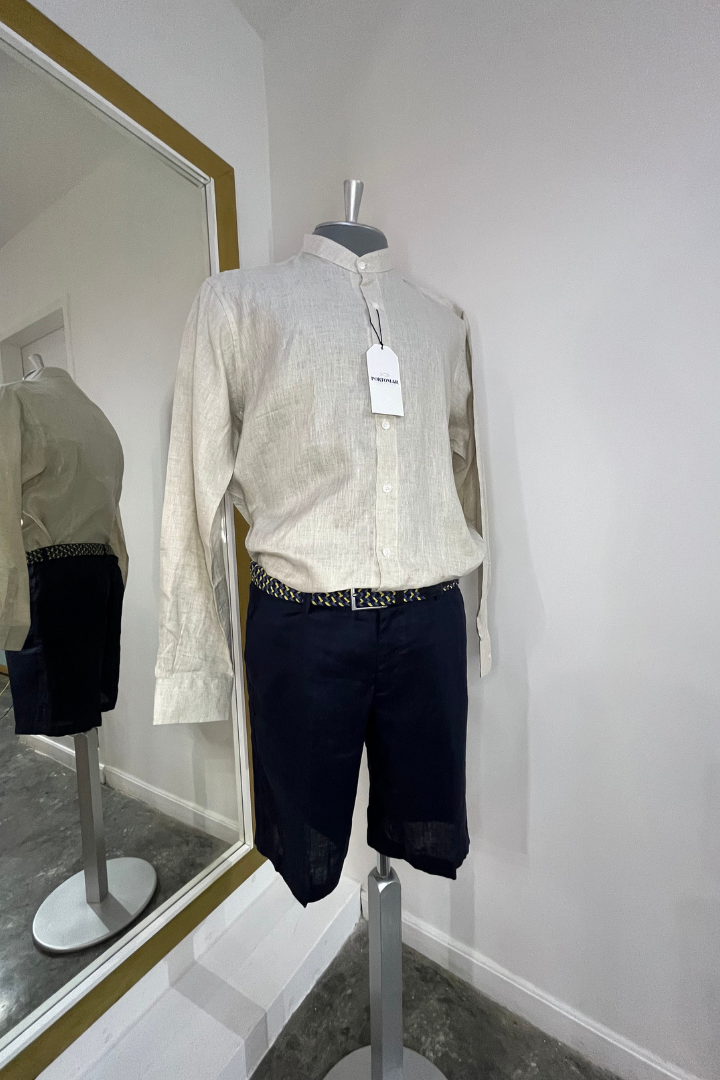 Camisa de Lino Manga Larga Cuello Mao Beige