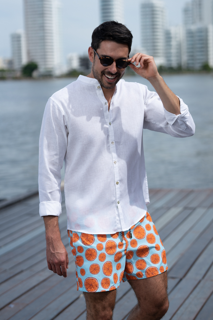 Camisa de Lino Manga Larga Cuello Mao Blanca