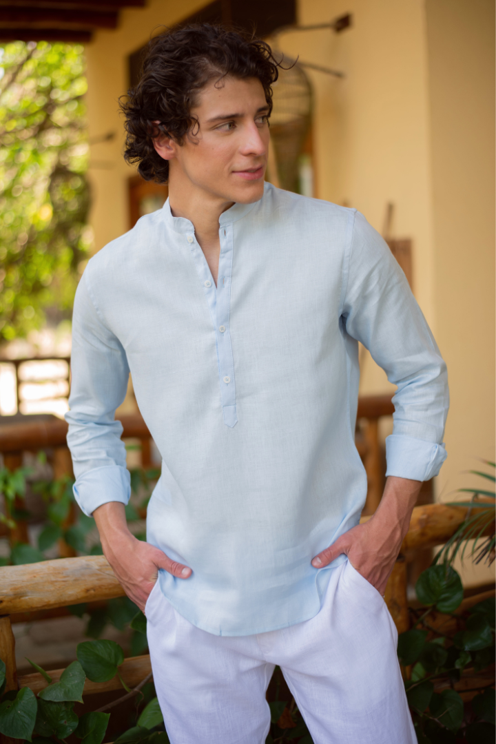 Camisa de Lino Manga Larga Cuello Mao Baby Blue