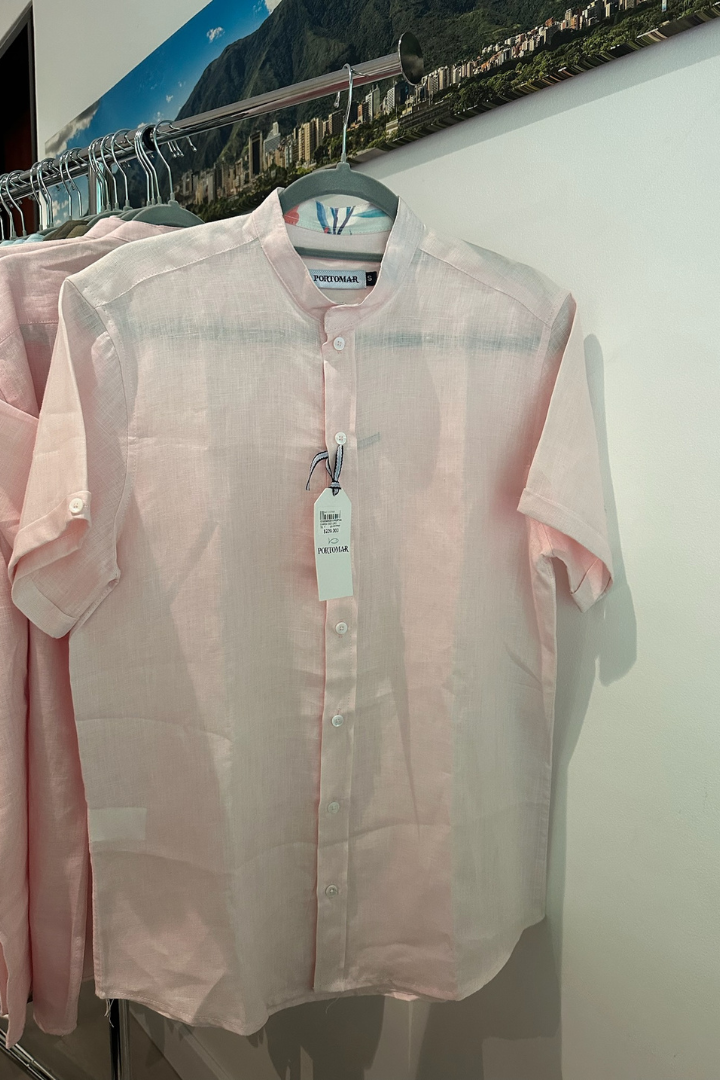 Camisa de Lino Manga Corta Cuello Mao Rosado