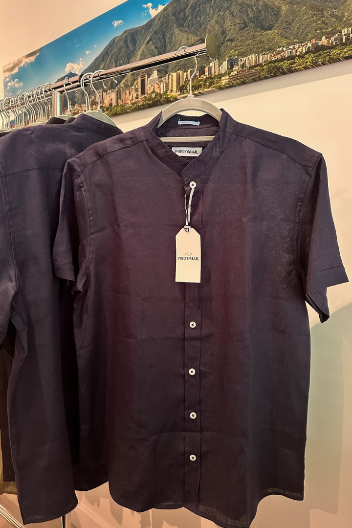 Camisa de Lino Manga Corta Cuello Mao Navy