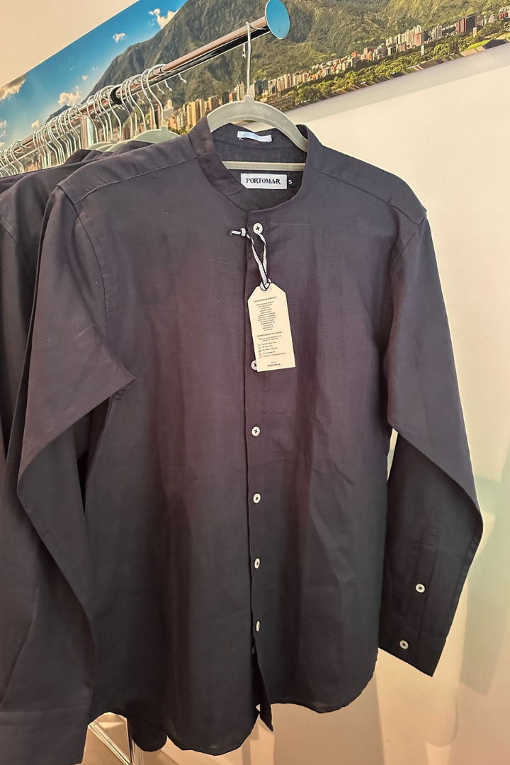 Camisa de Lino Manga Larga Cuello Mao Navy
