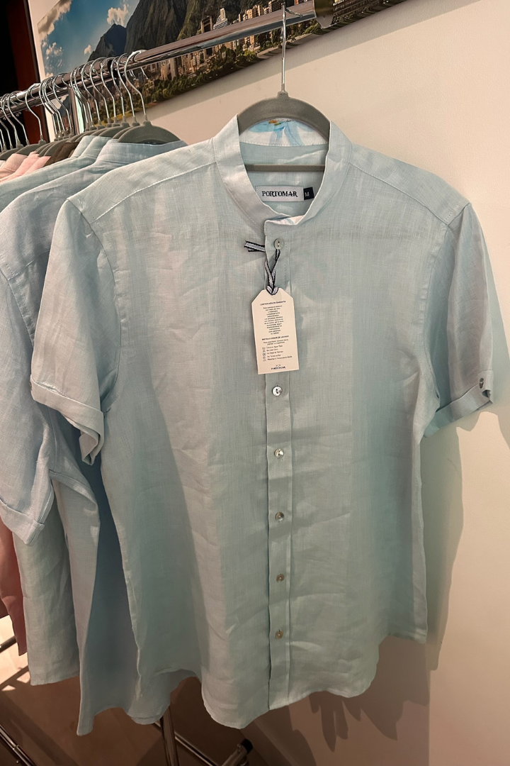 Camisa de Lino Manga Corta Cuello Mao Baby Blue