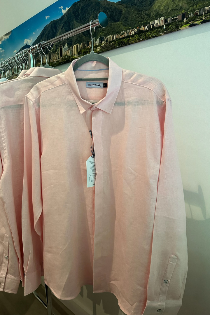 Camisa de Lino Manga Larga Cuello Clasico Rosado