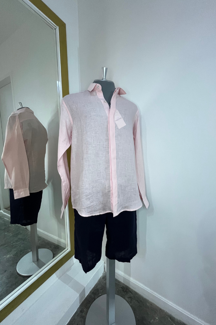 Camisa de Lino Manga Larga Cuello Clasico Rosado