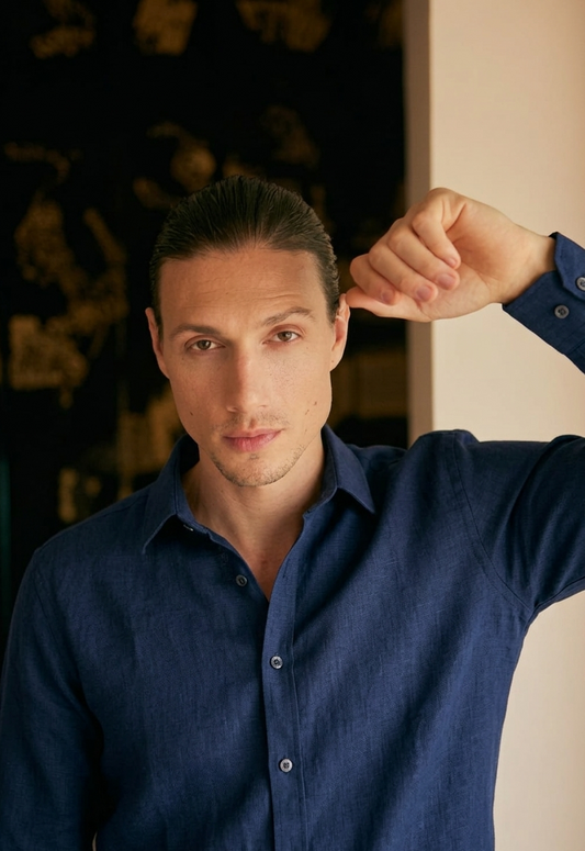 Camisa de Lino Manga Larga Cuello Clasico Navy